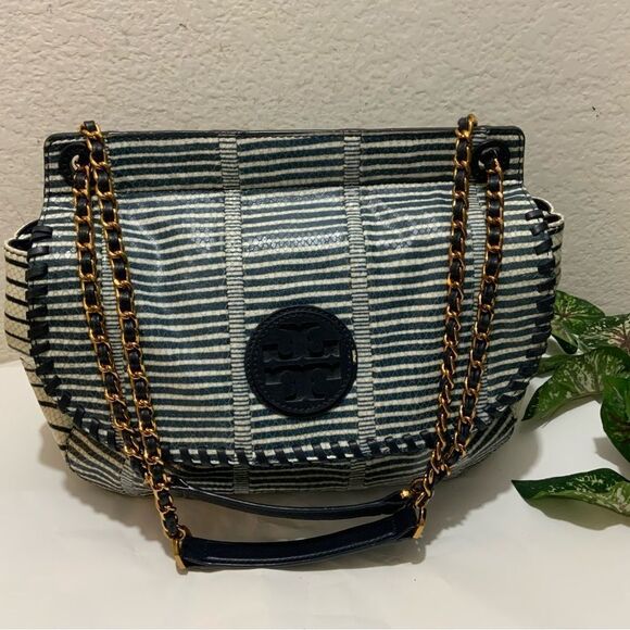 TORY BURCH MARION PATCHWORK SADDLEBAG Blue white liknew - Picture 2 of 16